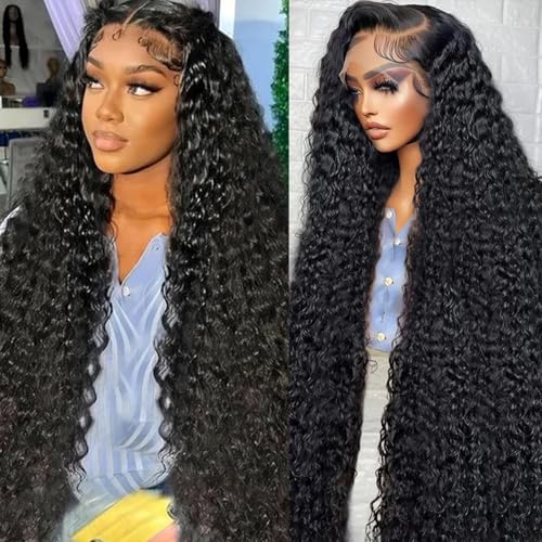30 Inch 13x6 Deep Wave Lace Front Wigs Human Hair HD Full Lace Frontal Wigs Pre Plucked Bleached Knots 180% Density Deep Curly Human Hair Wig Natural Color