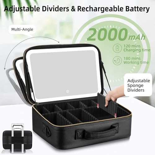 15¡°¡¿11¡°Professional Makeup Train Case,Large Waterproof Travel Makeup bag with Mirror and Light, Leather Black Make up Bag with Mirror and Light,Led Makeup Case with Adjustable Dividers