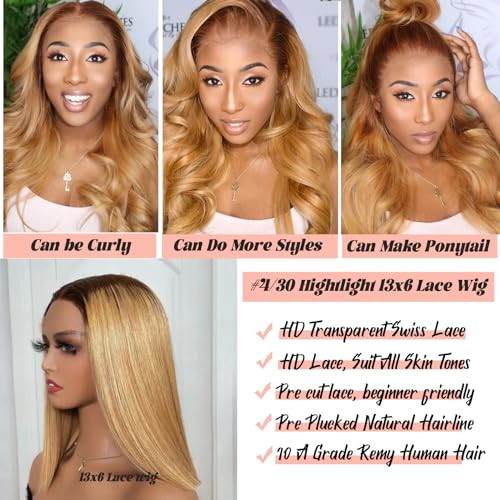 28Inch Honey Blonde Ombre Lace Front Wigs Human Hair Pre Plucked Long Straight Blonde Ombre 13x6 HD Free Part Lace Front Wigs Human Hair for Women,Glueless Brown Roots Honey Blonde Lace Frontal Wig