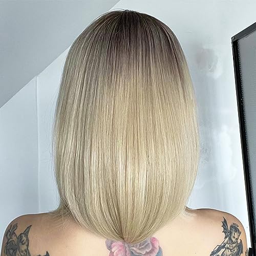 AISI BEAUTY Blonde Bob Wig with Bangs Short Straight Bob Wigs for Women 12 Inch Synthetic Straight Hair Wig for Girl Cosplay Party Wear(Blonde with Dark Roots)