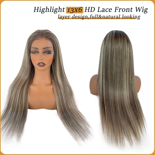Straight Highlight Blonde 13X6 HD Lace Front Wigs Human Hair for Women 22 Inch Ombre Ash Brown Mixed 613 Bleach Blonde Deep Part Glueless Lace Frontal Wigs 180 Density Pre Plucked with Baby Hair