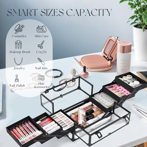 FRENESSA Portable Makeup Case Cosmetics Display Cases Toiletry Organizer Box Transparent Acrylic Artists Train Case with 6 Trays Travel Makeup Tools Storage for Vanity Counter Dresser Organizer Black