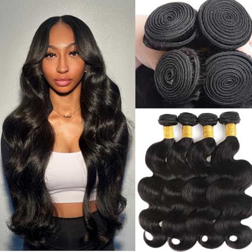 12A Body Wave Bundles Human Hair 24 24 26 26 Inch 4 Bundles Human Hair Unprocessed Brazilian Body Wave Hair Extensions for Women Natural Black