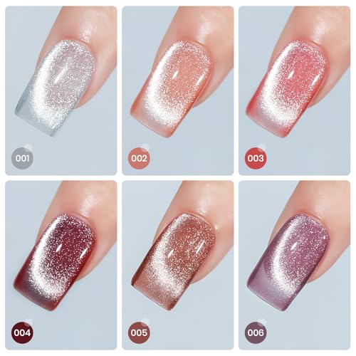 MIZHSE Glitter Cat Eye Gel Nail Polish Set - 6 Colors Holographic Pink Puprle Red Cateye Gel Polish with Magnet Soak Off U V LED Magnetic Gel Polish for DIY Salon Nail Art Home Manicure