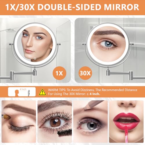 Auxmir 1X/30X Wall Mounted Makeup Mirror with Light, 8" Rechargeable Double-Sided Magnifying Mirror, Vanity Mirror Dimmable 3 Color Light, 360¡Æ Extension Rotation Foldable 14.5 Inch Arm, Chrome
