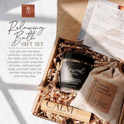 Soulistic Root Relaxing Bath Gift Set, Luxury Spa Gifts for Women, Self Care Products for Women and Men, Calm Essential Oil Roller, Oatmeal Lavender Bath Soak & Epsom Salts with Essential Oils