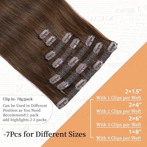 Clip in Hair Extensions Real Human Hair 14 inch, 7Pcs/70g Human Hair Clip in Extensions, Seamless Clip in Hair Extensions Human Hair #4 Chotolate Brown, 14 Inch