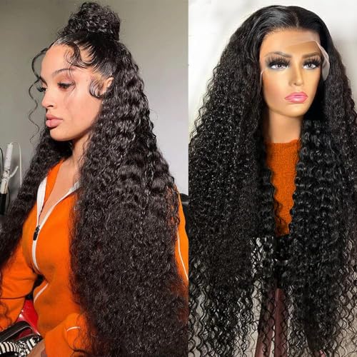 Deep Wave Lace Front Wigs Human Hair Curly Wig,13x4 HD Lace Front Wigs Human Hair Pre Plucked,150% Density 10A Human Hair Lace Front Wigs Water Curly Wig For Black Women With Babyhair(30 inch)