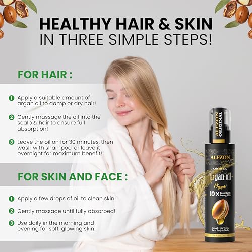 ?????????????? Moroccan Argan Oil 100% Pure USDA Organic Hair Treatment, Cold Pressed For Dry, Damaged, Curly & Frizzy Hair, Skin, Face, Body & Beard Natural Anti Aging for Women & Men, Large 3.38 oz