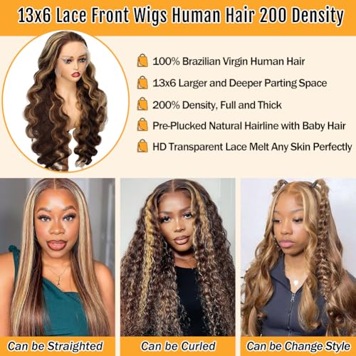 Sheeep Honey Blonde Ombre Lace Front Wigs Human Hair 4/27 Highlight 13x6 Body Wave Lace Frontal Wigs 200 Density HD Glueless Wigs Human Hair for Women 28 Inch