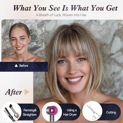 starluck Real Human Hair Wigs for Women, 10 Inch 100% Luxury Virgin Bob Sleek Wig Human Hair with SilkHug Cap, Natural for Daily & Parties Light Blonde with Light Brown with Blunt Bangs (T4/613/6#)