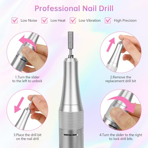 Electric Nail Drill - 45000RPM Portable Nail Drill?Rechargeable Nail E-File Kit with 11 Bits & Base?LED Screen?Ultra-Silent, Rechargeable Nail Drills Machine for Acrylic Nails Gel Polishing(White)