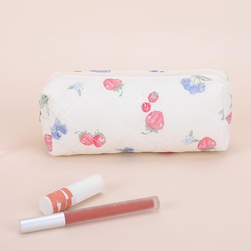 Quilted Makeup Bag Set 3 Pcs Cute Strawberry Makeup Bags For Women Large Aesthetic Floral Cosmetic Bag Coquette Cotton Makeup Pouch