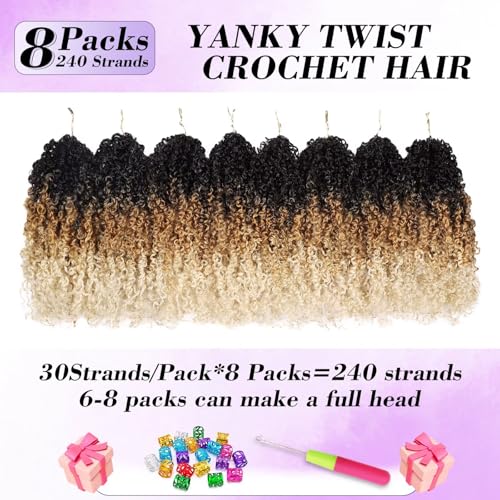 Yanky Twist Crochet Hair 11 Inch 8 Packs 30 Stands/Pcs,Pre-looped Fluffy Spring Mini Twist Passion Twist 3 Tones Ombre Blonde Synthetic crochet braids for black women(11 Inch, 1B/27/613)