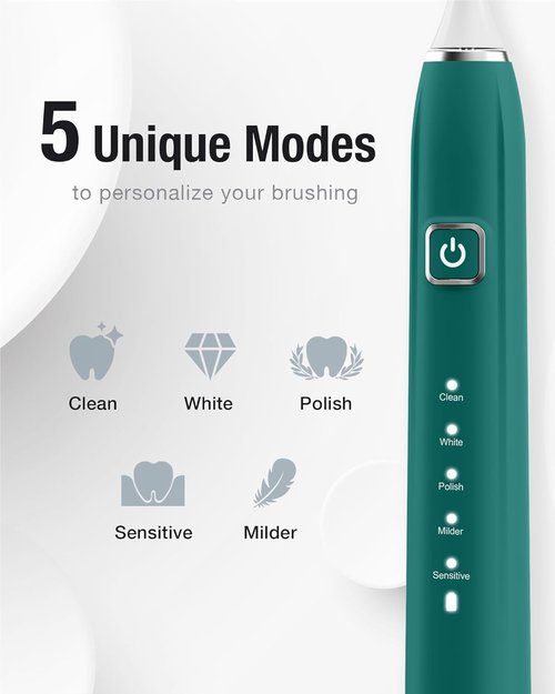 7AM2M Ultrasonic Electric Toothbrush with 6 Brush Heads for Adults&Kids, One Charge for 120 Days, Type-C Charge, 5 Modes, 40000VPM Powered Toothbrush, 2 Minutes Built in Smart Timer (Peacock Green)