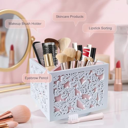360 Rotating Makeup Brush Holder with Butterfly Cutout, Wooden Makeup Organizer for Vanity - 4 Compartment Spinning Desk Organizer for Pens, Lipsticks, Eyebrow Pencils
