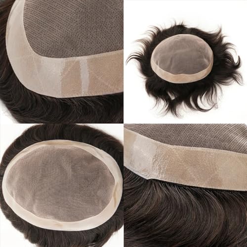 Toupee for Men Human Hair Mens Toupee Mono Base with NPU Around Hair Units Curly Wave Mens Wigs Toupee Hair Real Human Replacement System for Man Freestyle Natural Wig #1B Off Black (6x9")
