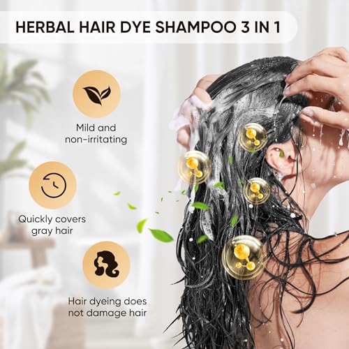 Hair Dye Shampoo for Gray Hair, 3 in 1 Herbal Ingredients Natural Dye for Women Men, Grey Coverage(500mL,17.6 Fl Oz) (Black)