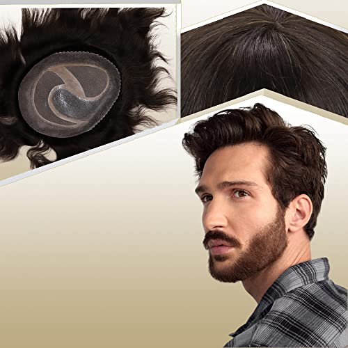 Toupee for Men European Real Human Hair Replacement Systems Men Hairpieces Fino Mono Lace Center Thicker Skin PU Hair Piece for Man Wigs 8x10 Inches #3 Dark Brown Color
