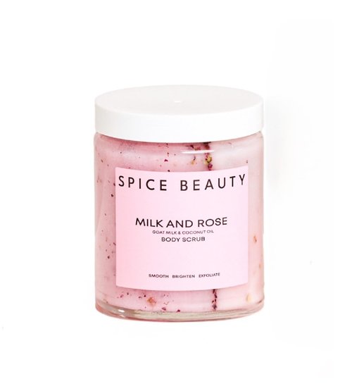 Spice Beauty Milk and Rose Body Scrub - In-Shower Moisturizer with Hydrating Coconut Oil, Calming Roses, Shea Butter - Gentle Body Exfoliation Skincare - 9 Oz