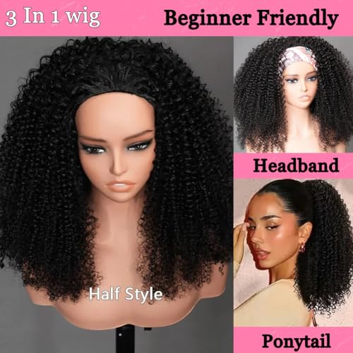 Kinky Curly Half Wig Human Hair Wear Go Glueless Wigs Human Hair 200 Density 3 In 1 Seamless Flip Over Half Wigs Beginner Friendly Kinky Curly Wig Human Hair Drawstring Headband Wig for Women 24 Inch