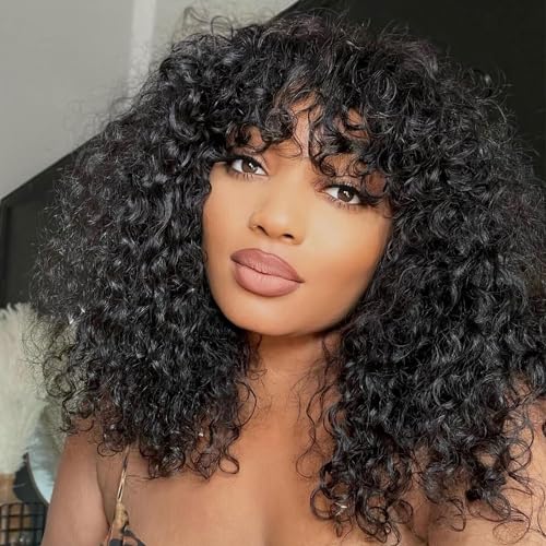 Jerry Curly Human Hair Wigs With Bangs 200% Density Virgin Human Hair Glueless Scalp Base Top Full Machine Made Wig For Black Women Brazilian Curly Wigs Natural Color 16 Inch