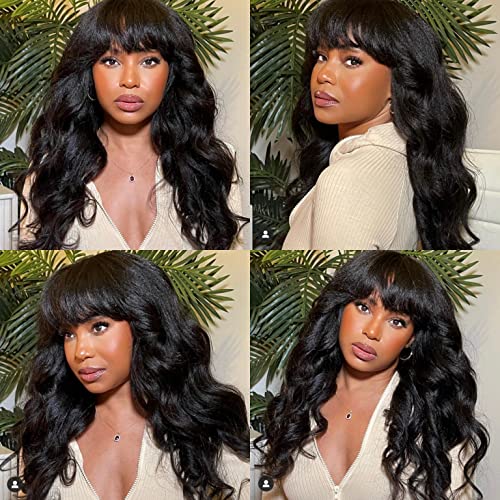 200% Yaki Wavy Human Hair Wigs with Bangs Full Machine Made Wig Brazilian Virgin Human Hair Yaki Wave Wig Scalp Top Wig For Black Women Natural Color 20 Inch