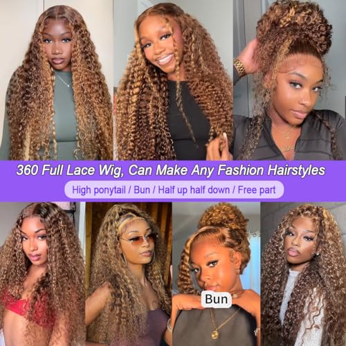 Ombre Honey Blonde 360 Lace Front Wigs Human Hair Invisi Strap Highlight Deep Wave Lace Front Wigs Human Hair 180 Density 360 HD Frontal Glueless Wigs Pre Plucked for Women 28 Inch