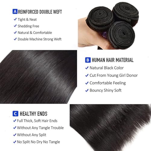 Straight Human Hair Bundles 24 24 26 26 Inch Trippy Hair Quick Weave 3 Bundles Human Hair 100% Unprocessed Raw Brazilian Virgin Hair Extensions for Black Women Natural Color