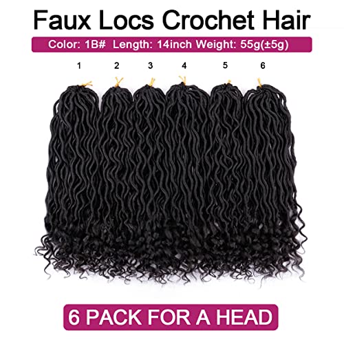 Goddess Locs Crochet Hair - 6 Packs 14 Inch Curly Faux Locs Crochet Hair For Black Women, Pre Looped Crochet Hair Wavy Faux Locs Synthetic Braids Hair Extensions(14Inch, 1B#)