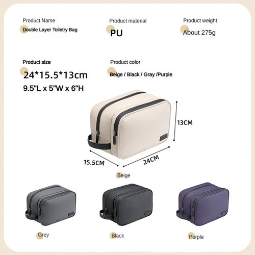 Portable Waterproof Leatherette Toiletry Bag - Double-Layer Large Capacity Organizer for Travel & Makeup, Multifunctional Toiletries Storage with Handle (Beige)