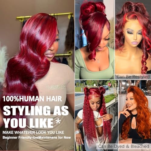 Wine Red Lace Front Wigs Human Hair Pre Plucked Burgundy Cherry Red Wig Human Hair 200 Density 99J13x6 Hd Lace Front Wigs Loose Body Wave Glueless Wig18 Inch