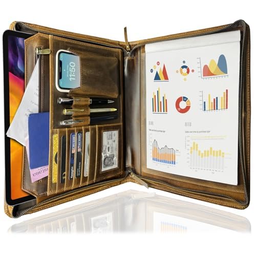 RUSTIC TOWN Leather Portfolio for Men - Full Grain Leather Padfolio Folder - Zipper Folio Documents Organizer - Professional Business Executive Gift for Men Women