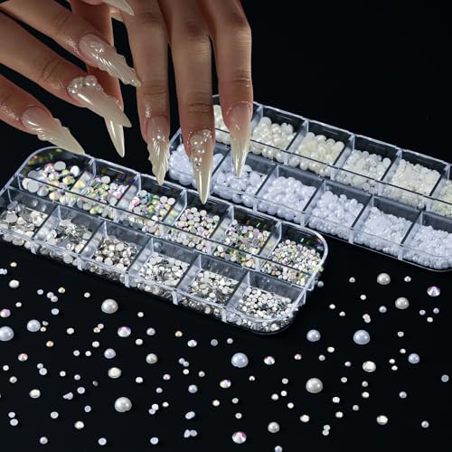8 Boxes 3D Nail Charms and Gems Bulk Cute Charms for Nails Design kit Bling Crystals Rhinestones Colorful Flower Pearls Star Bows Accessories