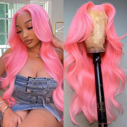 School Day Candy Pink Human Hair Wig Colored Body Wave Lace Front Wig Virgin Hair 13x4 UHD Transparent Swiss Soft Lace Preplucked Brazilian Hair 20"