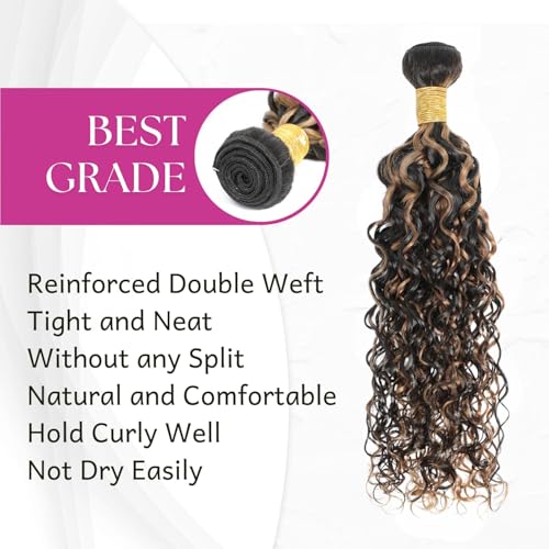 Honey Blonde Highlight F1B30 Water Wave Bundles Human Hair, 12A Soft Thick Wet and Wavy Black and Brown Ombre Color Curly Single Bundles 100% Unprocessed Brazilian Virgin Remy Human Hair 10 In