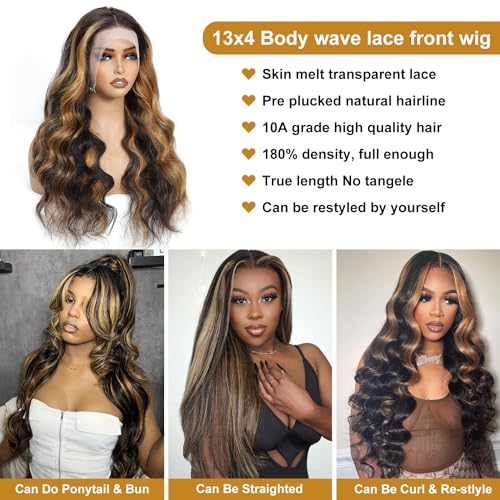 Ombre Highlight Lace Front Wigs Human Hair Colored 1B/30 Honey Blonde Glueless Pre Plucked Wigs Human Hair 13x4 Lace Wigs Human Hair For Women 180% Density 24inch