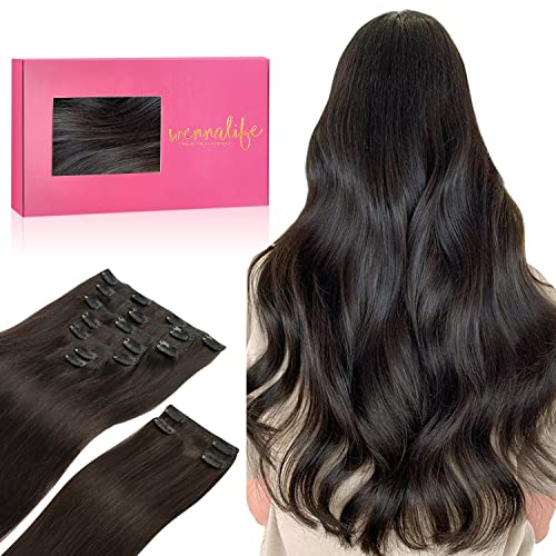 WENNALIFE Clip in Hair Extensions, 150g 24 Inch 9pcs Dark Brown Human Hair Extensions Thicker Clip in Hair Extensions Real Human Hair Clip Set Double Weft