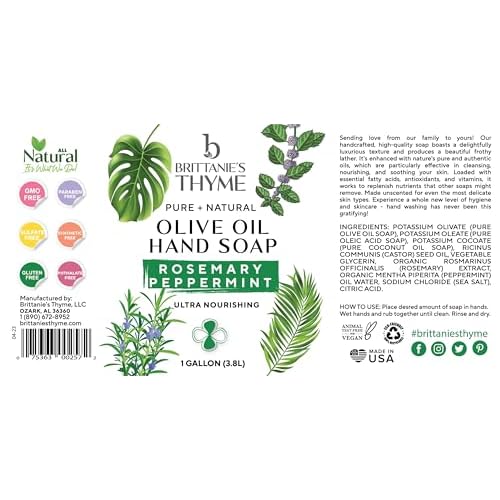 Brittanie's Pure Organic Castile Liquid Olive Oil Soap Refill, Rosemary Peppermint, 1 Gallon | Face, Body Wash, Dishes, Pets & Laundry | Vegan & Gluten Free Non-GMO