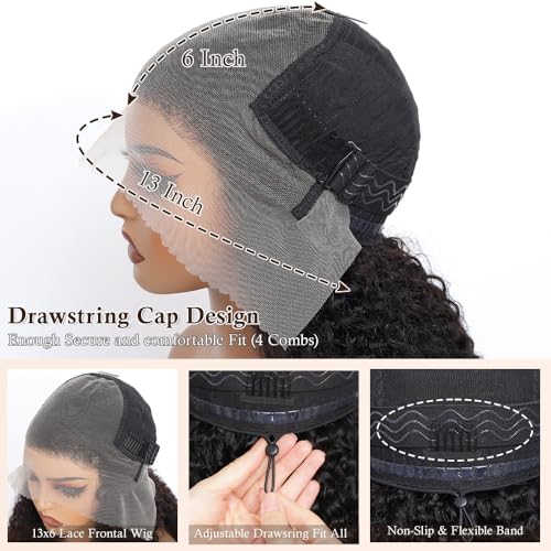 Curly Wig Human Hair 13x6 HD Lace Frontal Wigs 250 Density With Drawstring Deep Wave Lace Front Wigs Human Hair Pre Plucked Virgin Remy Hair 5x Longer Lifespan Natural Black for Women 18 Inch