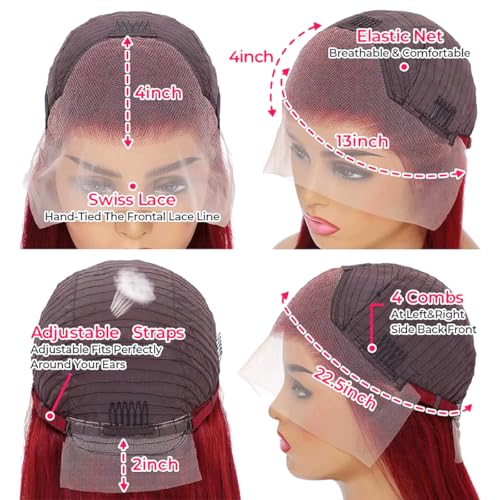 99j Burgundy Lace Front Wigs Human Hair 200% Density 13x4 99j Straight Lace Front Wigs Human Hair Wine Red Colored Human hair wig Pre Plucked Glueless HD Lace Frontal Wigs for Women 20 Inch