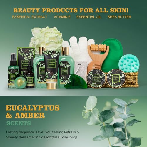 Home Spa Gift Basket, Bath Spa Kit for Women & Men, Bath & Shower Spa Gift Basket Set with Body Lotion, Shower Gel, Bubble Bath, Bath Bomb, Bath Gift Set for Mother, Wife Her, Eucalyptus & Amber Scent