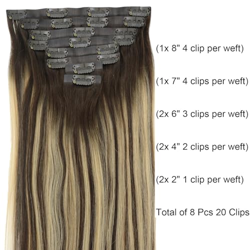 Seamless Clip in Hair Extensions Remy Human Hair, 20 Inch 120G, Rooted Chocolate Brown Base Mixed with Caramel Blonde, Balayage Invisible PU Clip In Hair, Skin Weft Human Hair Extensions