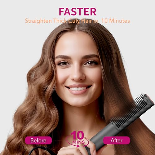 Hair Straightener Brush, 2 in 1 Straightening Brush for Women with 5 Temp Settings, 20s Fast Heating & Dual Voltage, Anti-Scald & Auto Shut Off, Great for Professional Salon at Home, Black