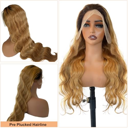 13x4 Ombre HD Transparent Lace Front Wigs Human hair Pre Plucked Brazilian Body Wave Frontal Wigs Remy Human Hair with Baby Hair Natural Hairline,1b/27 32Inch