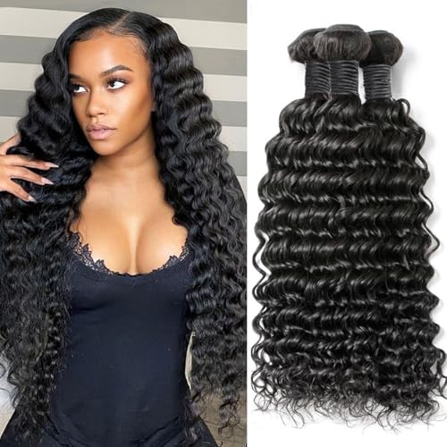 Deep Wave Bundles Human Hair Brazilian Virgin Hair Weave 4 Bundles Deep Curly 12A Grade Unprocessed Human Hair Extensions Natural Black 100g/pc 20 22 24 26 Inch