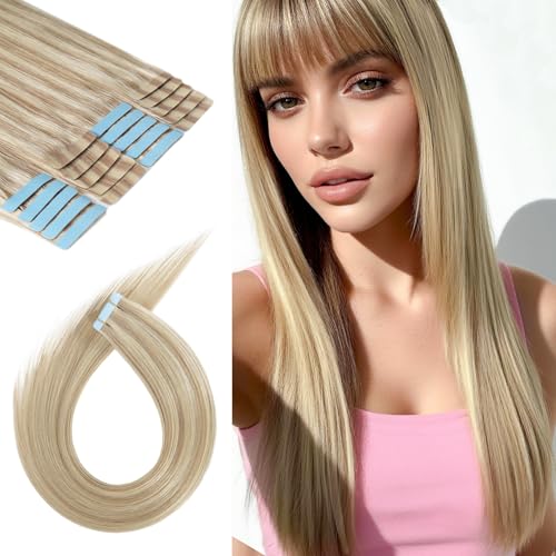 Tape in Hair Extensions Human Hair 24 Inch 50g 20Pcs Remy Human Hair Extensions Invisible Straight Seamless Tape in Extensions (24in, 50g, #18/613)