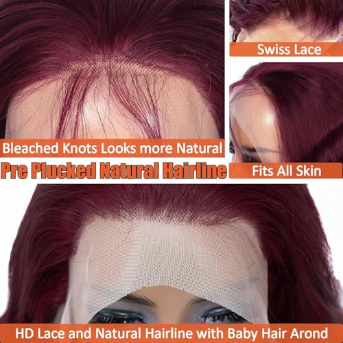 28 Inch 99J Burgundy Lace Front Wigs Human Hair Pre Plucked with Baby Hair 180% Density Glueless Wine Red Colored Body Wave Human Hair Wig 13x4 HD Transparent Lace Frontal Wigs for Women