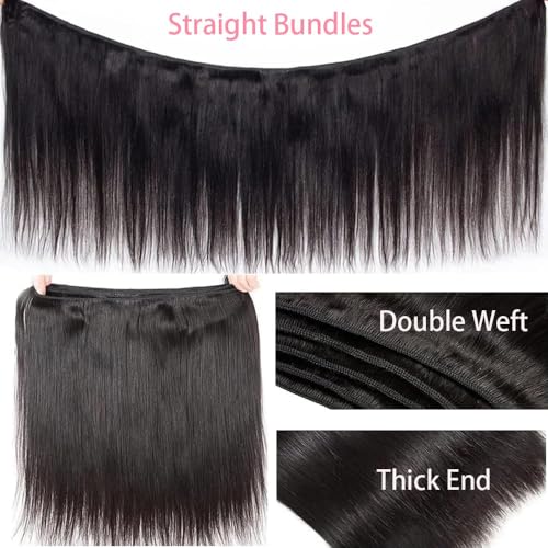 Straight Bundles Human Hair, 22 24 26 Inch Bundles Straight Hair Brazilian 12A Double Weft Hair Extensions for Black Women 100% Unprocessed Virgin Human Natural Black