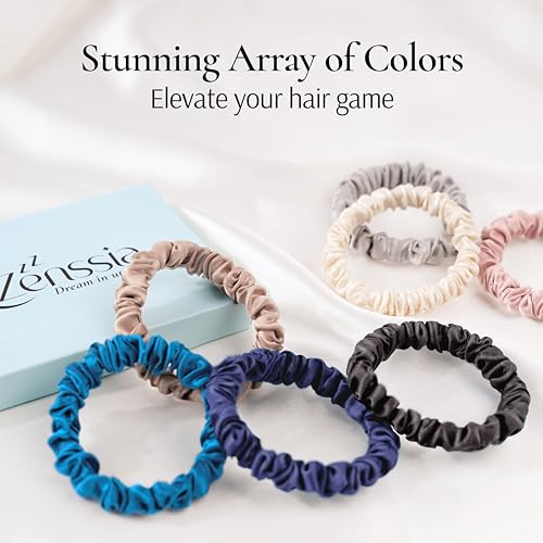 Zenssia Silk Scrunchies for Hair, 4PC Pure Mulberry Silk Hair Ties No Damage, Skinny Elastic Scrunchies for Fine & Thin Hair, Black